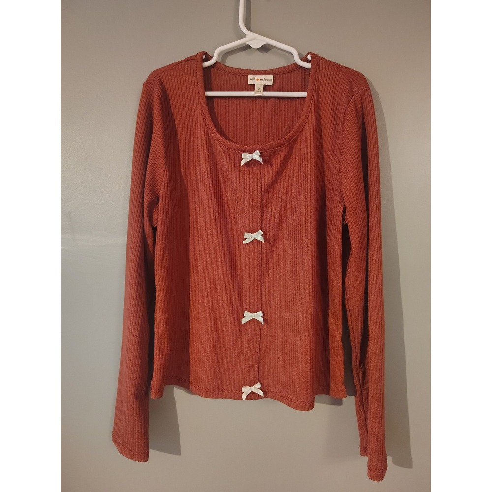 Self Esteem Girls Rust Orange Ribbed Long Sleeve Bow Front Top Size L 14